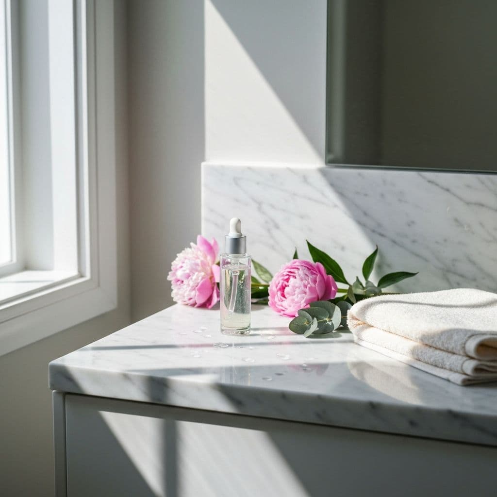 AI-generated video still: clean marble vanity with a glass skincare serum bottle in soft morning light, peonies and eucalyptus